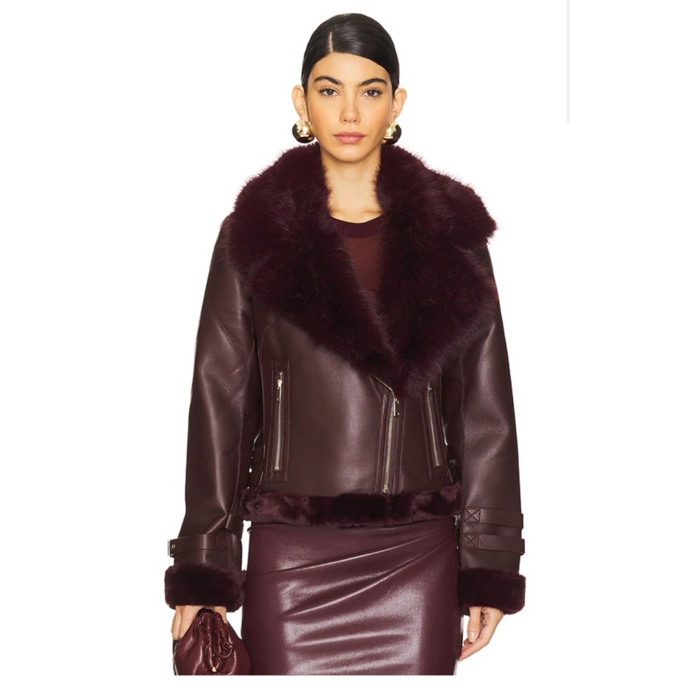 NWT! Dion Faux Fur Moto Jacket in Malbec